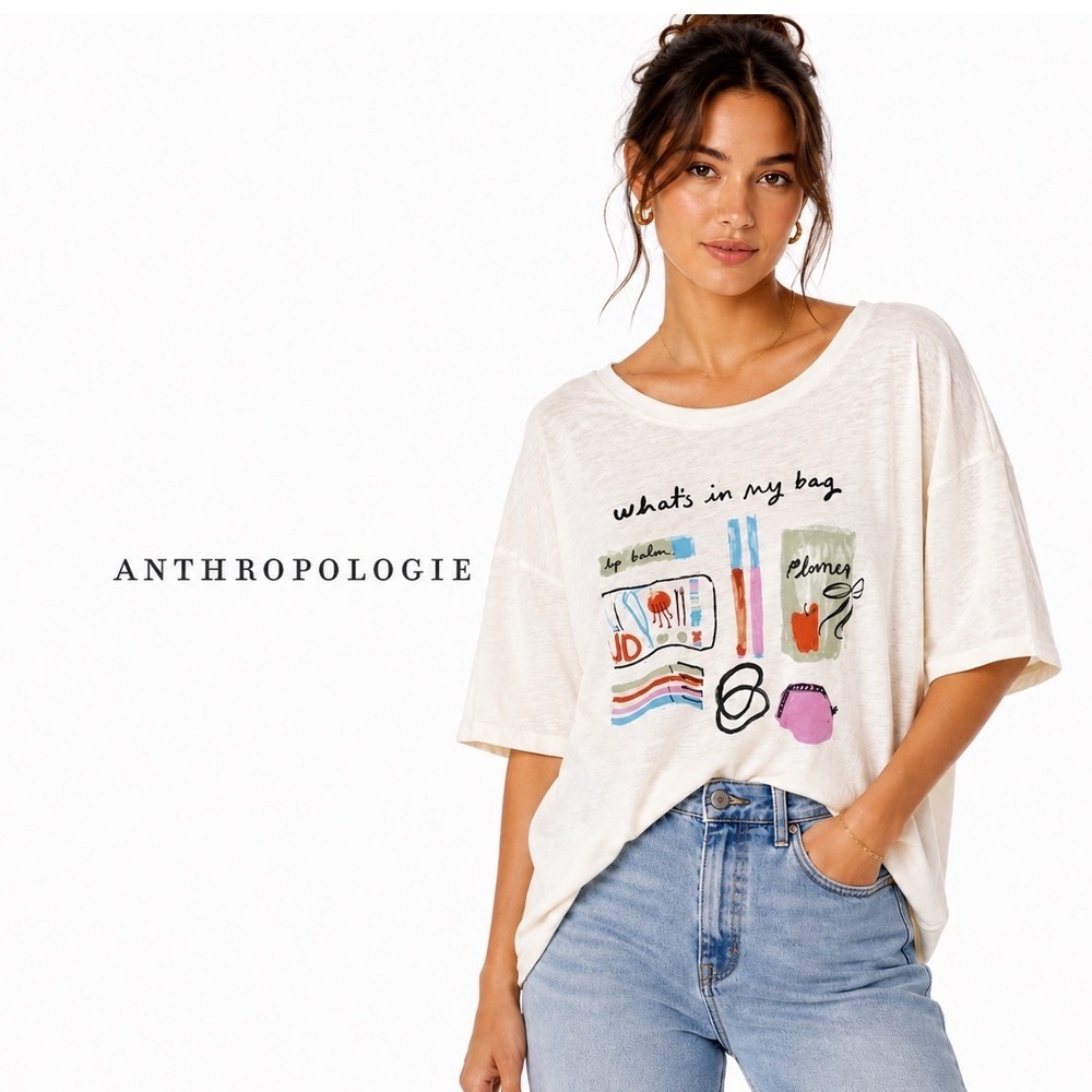 Anthropologie Graphic‎ Tee What's In My Bag Oversized Cotton Slub T-Shirt Boho